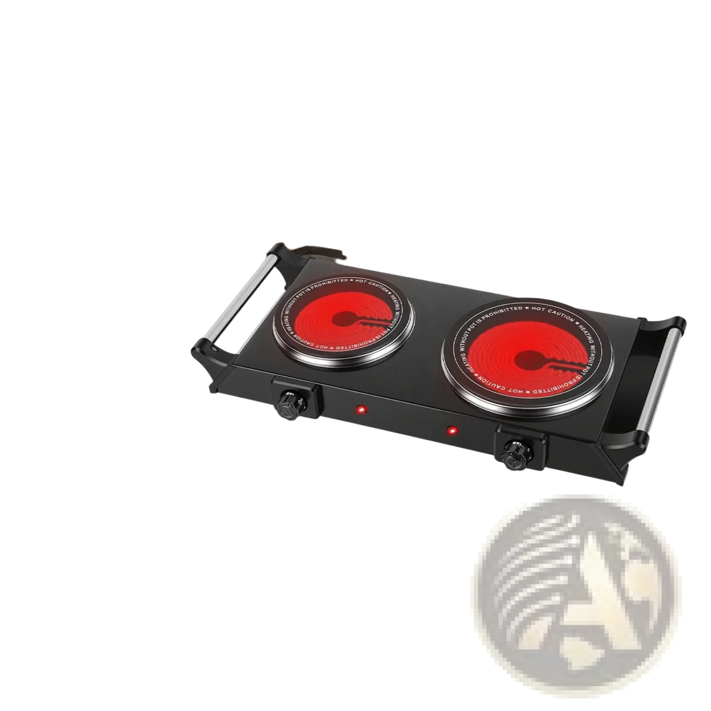 Black 1800w electric double burner portable infrared hot plate with two red heating elements and silver trim