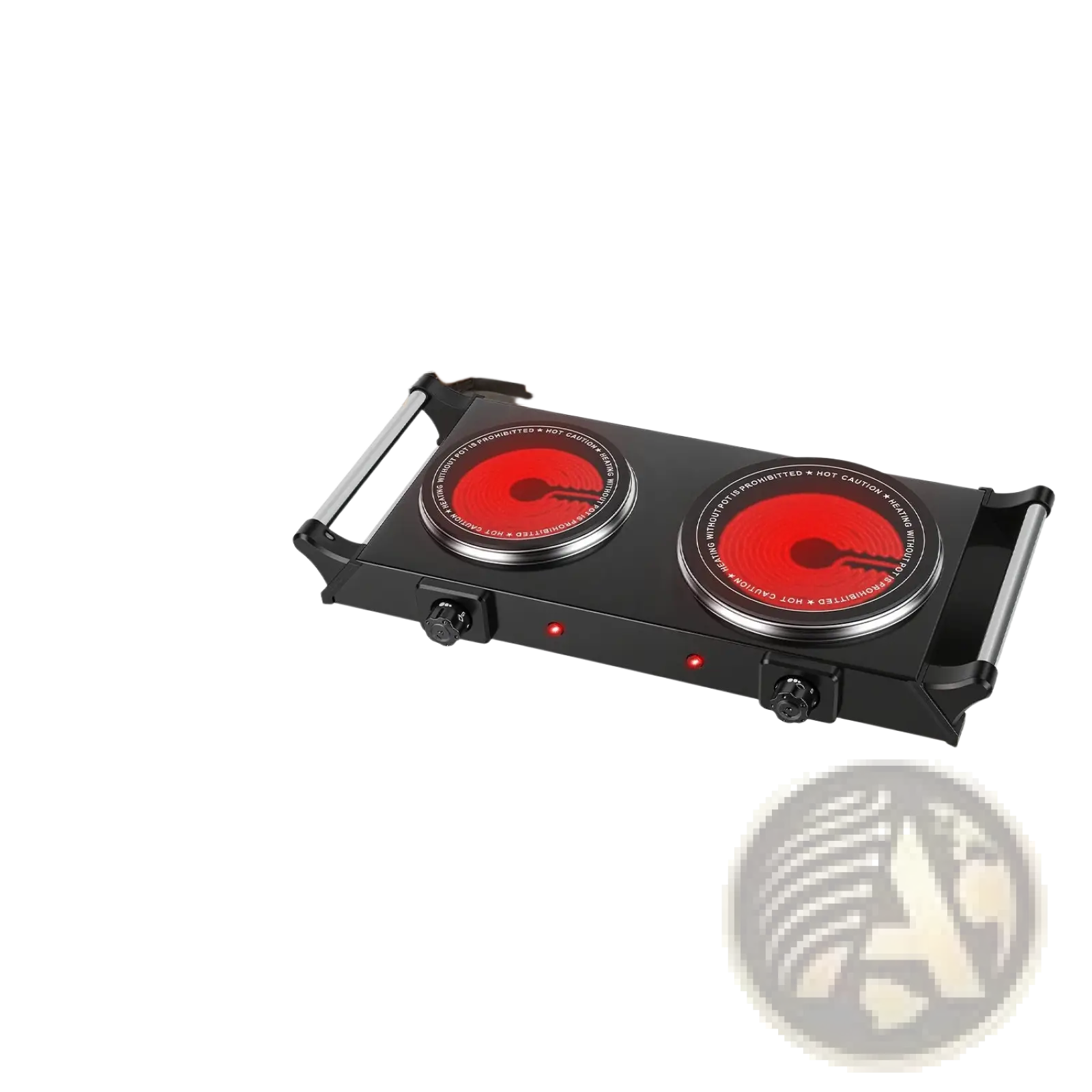 Black 1800w electric double burner portable infrared hot plate with two red heating elements and silver trim