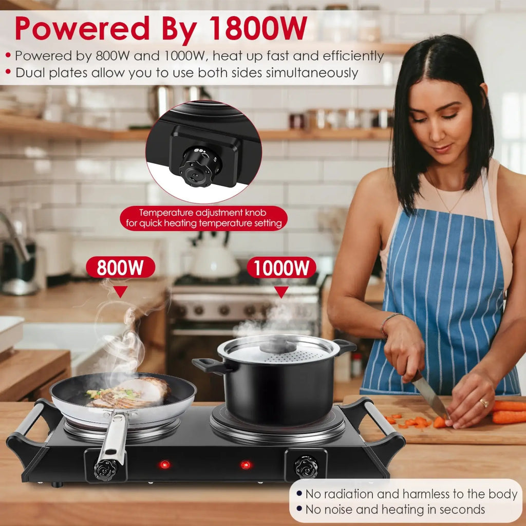 Black dual-plate electric cooktop with 800w and 1000w heating elements for portable infrared hot plate cooking