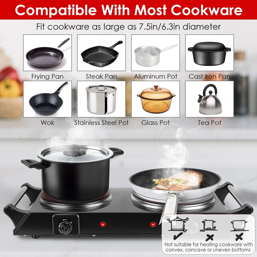 Black cast iron pot with lid on 1800w electric double burner portable infrared hot plate cooktop