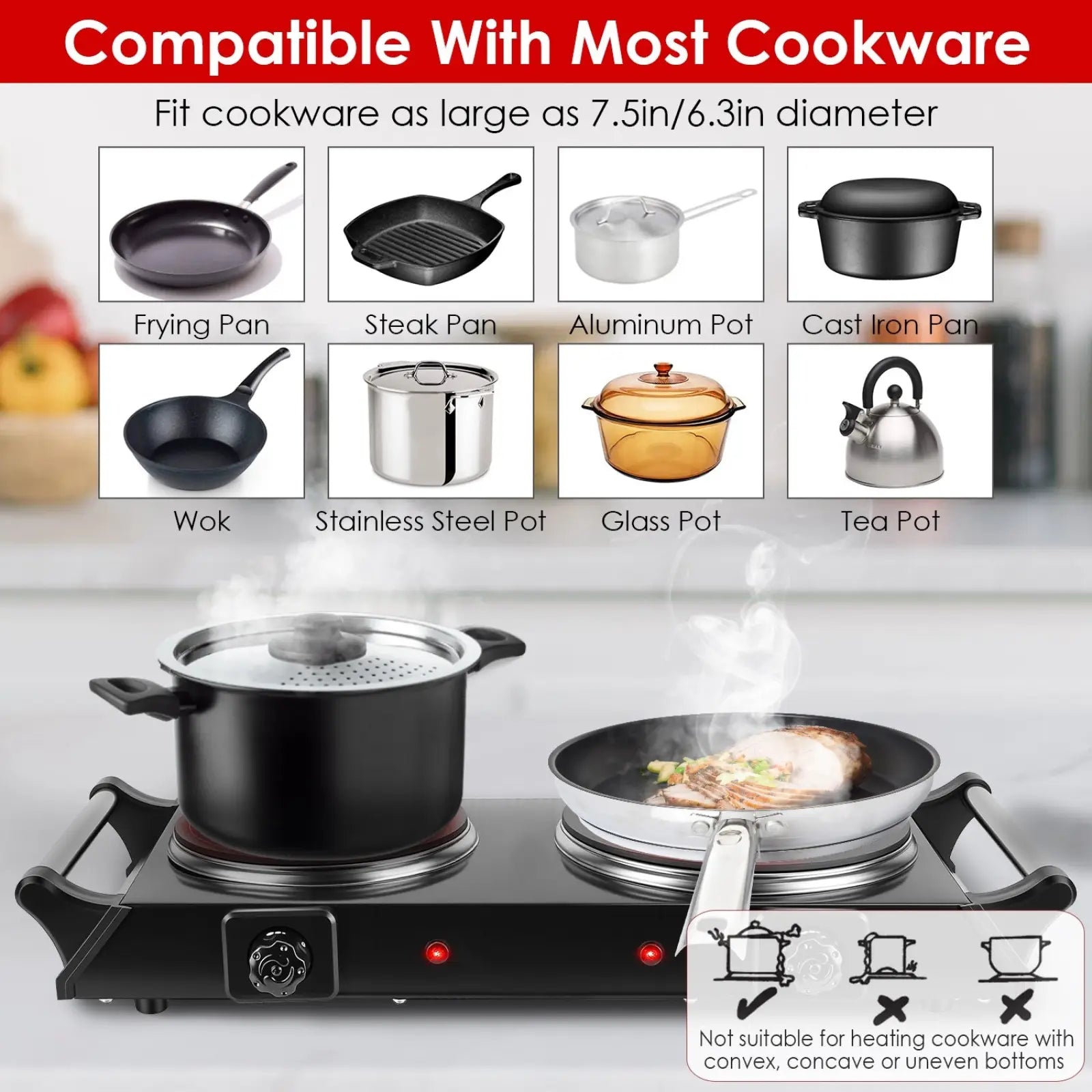 Black cast iron pot with lid on 1800w electric double burner portable infrared hot plate cooktop