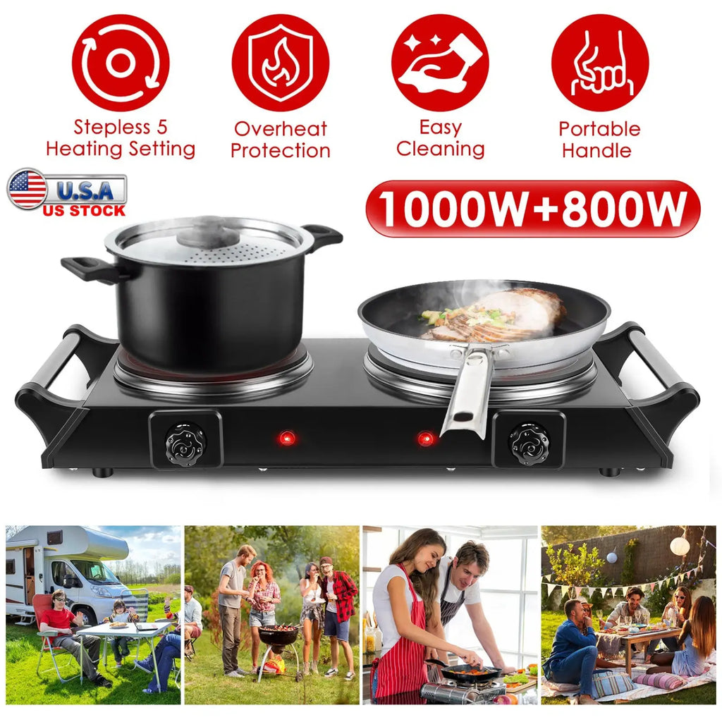 Black portable electric cooktop with dual 1000w and 800w infrared burners designed for outdoor cooking