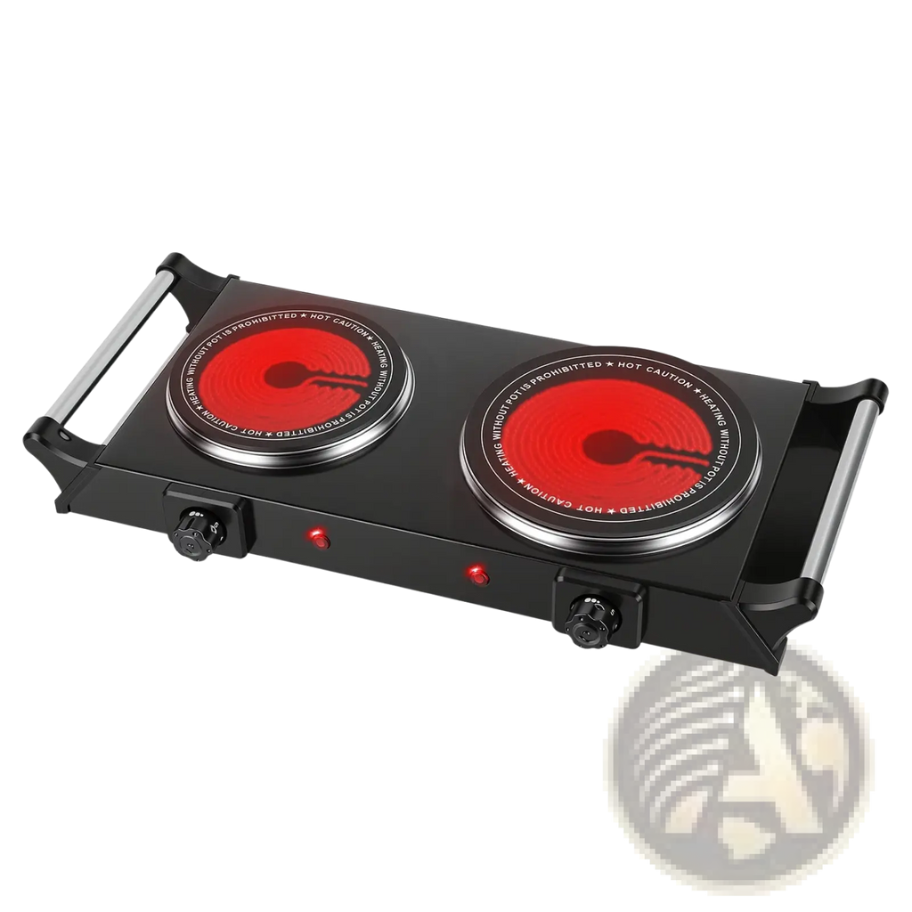 Black 1800w electric double burner portable infrared hot plate with two red heating elements and silver rims