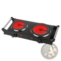 Black 1800w electric double burner portable infrared hot plate with two red heating elements and silver rims