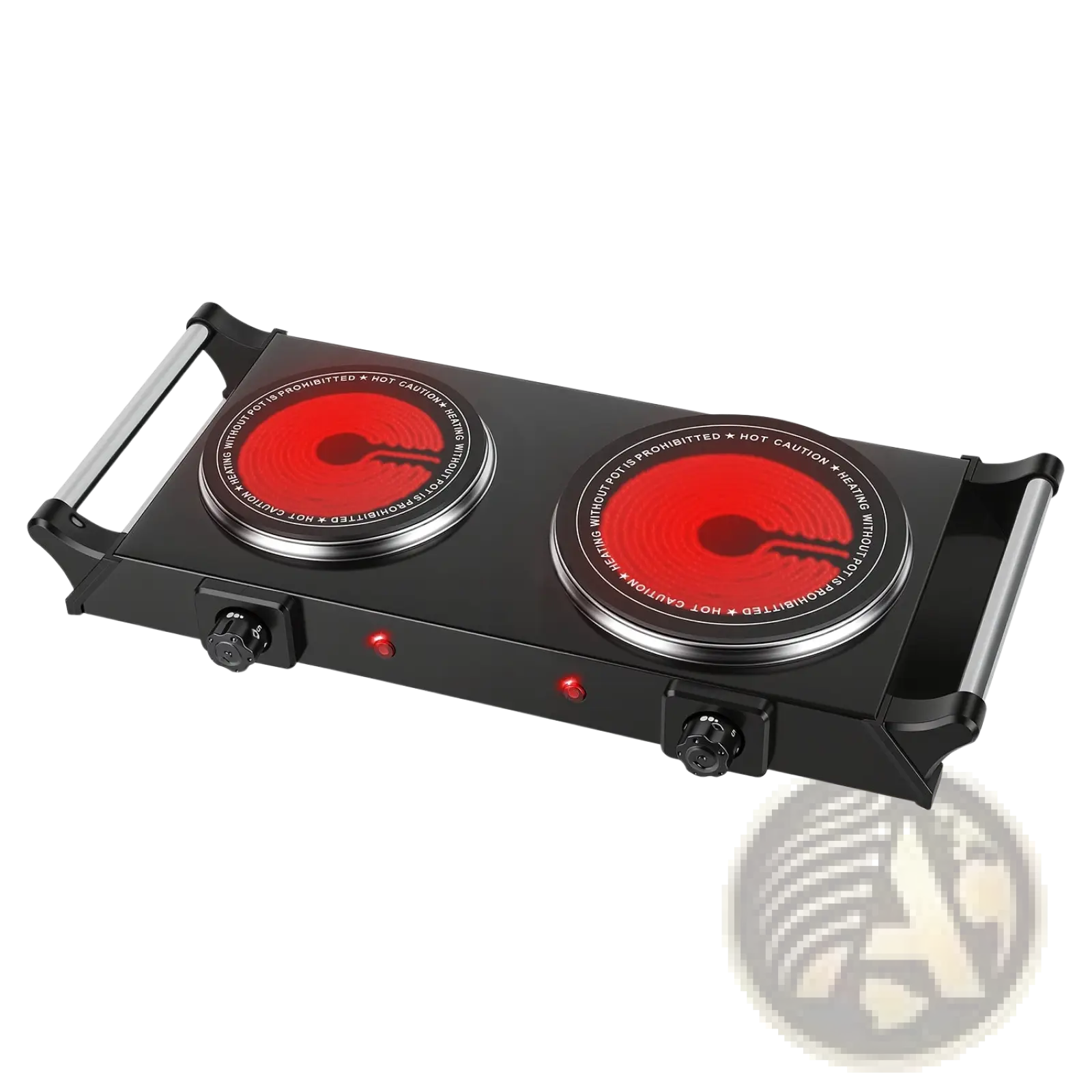 Black 1800w electric double burner portable infrared hot plate with two red heating elements and silver rims