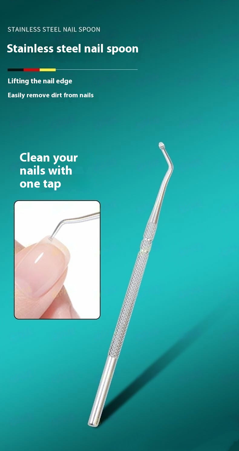 Bevel nail clippers 3 piece anti splash set featuring a stainless steel nail spoon with a textured grip and curved tip for precise cleaning.