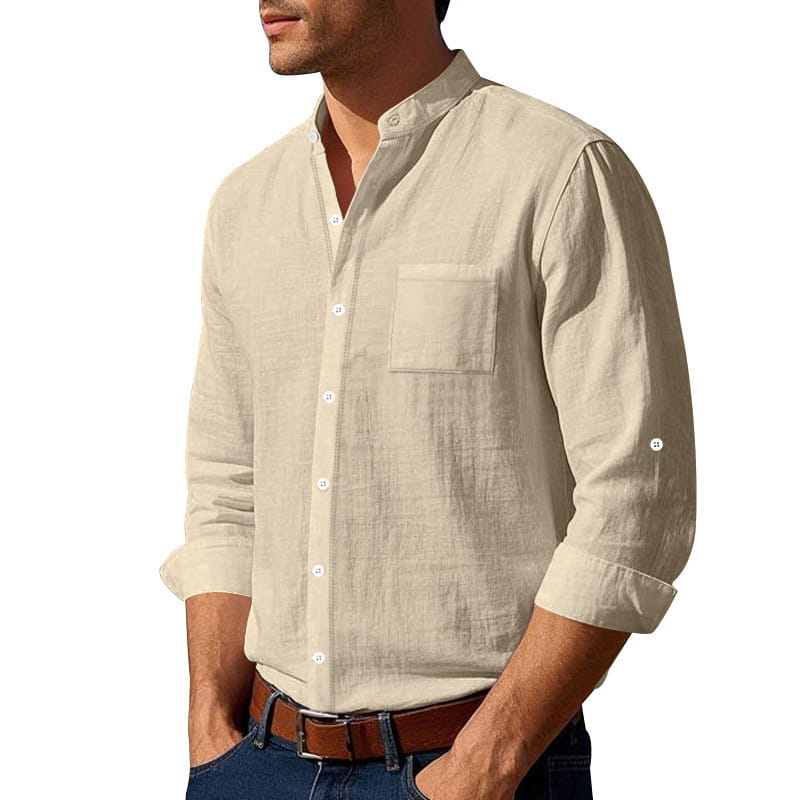 Beige linen men’s casual button-down shirt with chest pocket and rolled-up sleeves featuring a stand collar and long sleeves.
