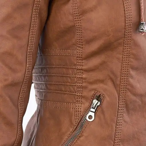 Brown faux leather moto jacket with a detachable hood featuring decorative stitching and a zipper pocket.
