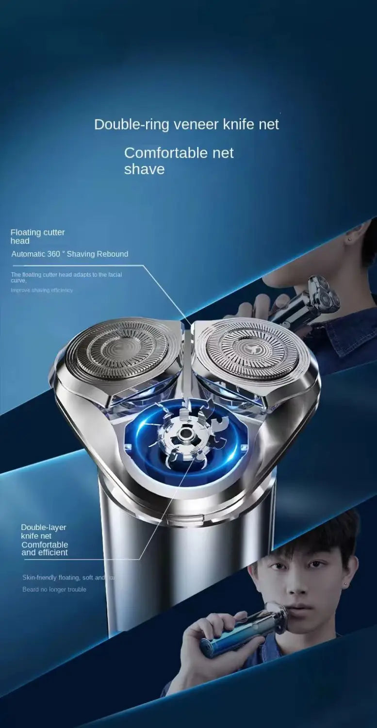 Rasoir électrique pour homme argenté avec trois lames et un éclairage d’accent bleu, arborant un design moderne épuré conçu pour une utilisation portable.