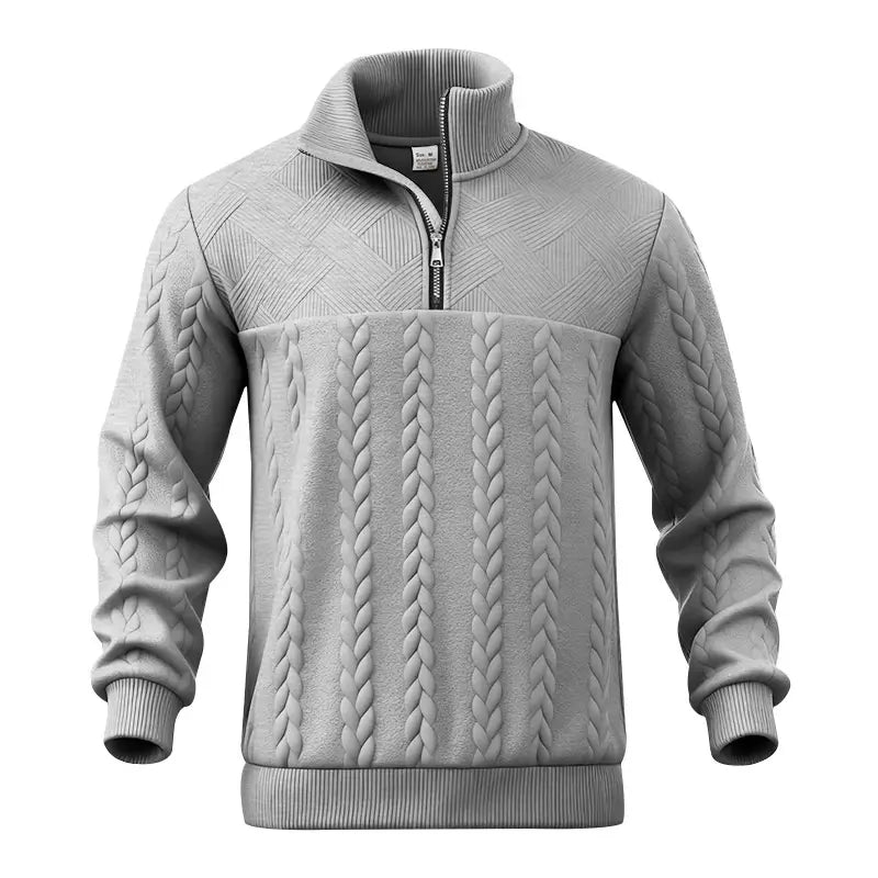 Veste de sweat-shirt pour homme en maille torsadée à demi-fermeture éclair de couleur grise, présentant un motif torsadé texturé sur la poitrine et les manches, avec poignets et bas côtelés.