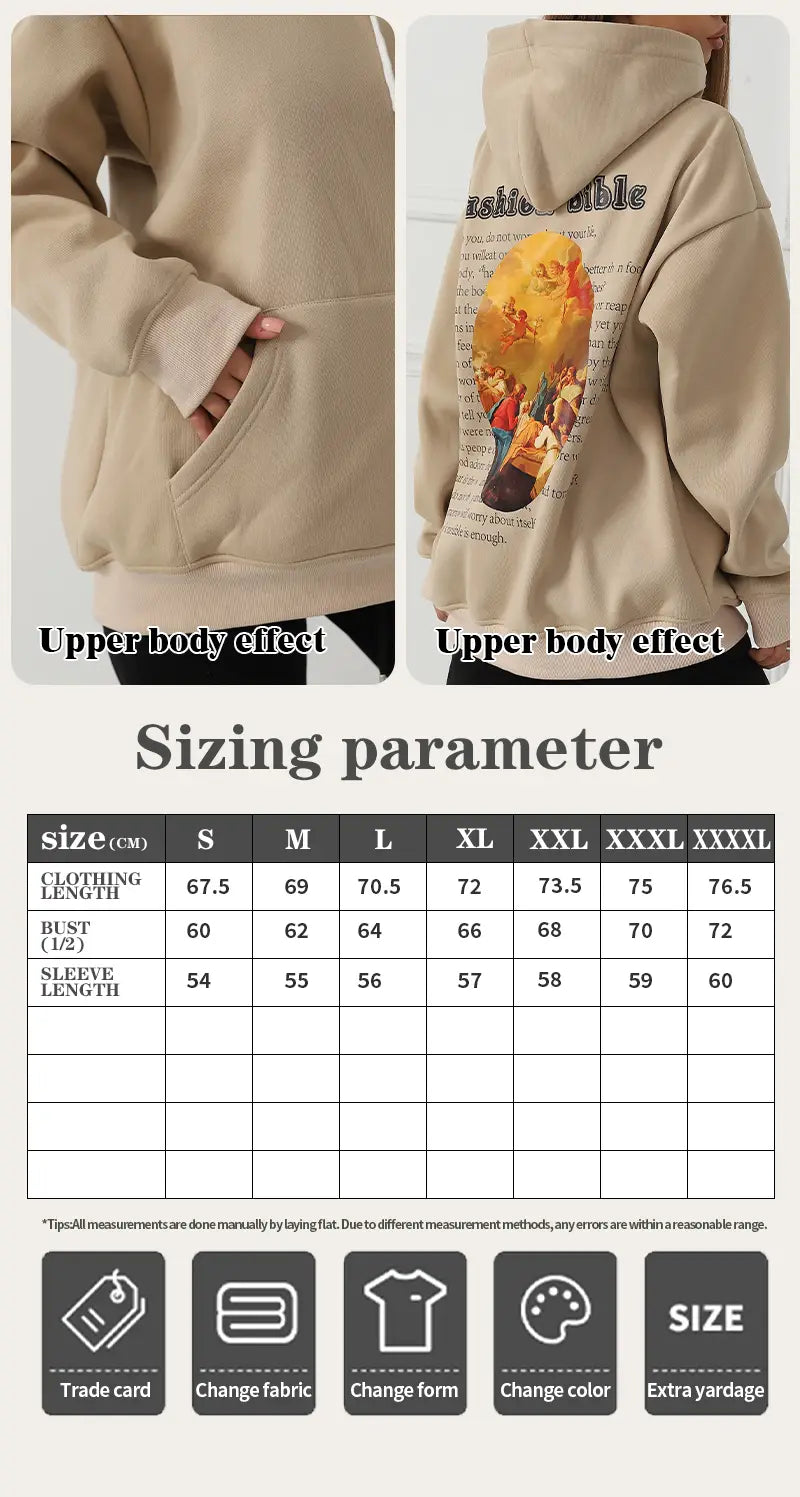 beige oversized women’s hoodie with a detailed graphic print on the back and a hooded design for casual wear