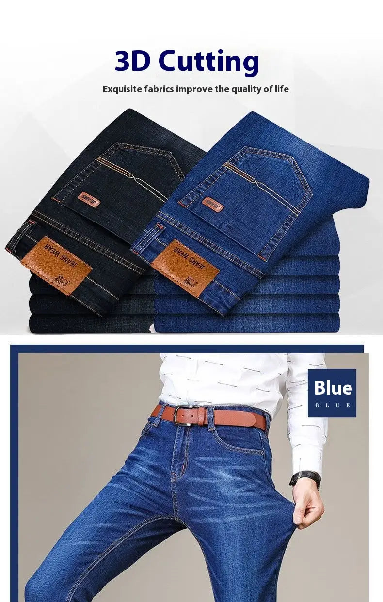 Jeans d’affaires décontractés pour homme à taille haute, coupe slim, avec élasticité, en denim bleu, avec un design classique à cinq poches et des écussons de marque en cuir marron.