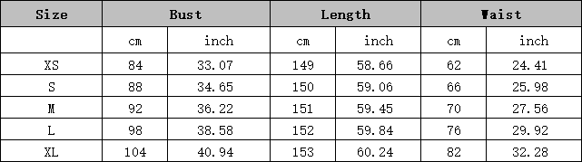The image displays a size chart for a red satin strapless slit mermaid evening gown with measurements in centimeters and inches for sizes XS through XL.