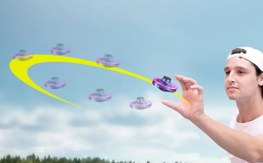 Purple and black flying ufo spinner led mini drone fingertip gyro toy spinning in mid-air with a glowing yellow trajectory line behind it.