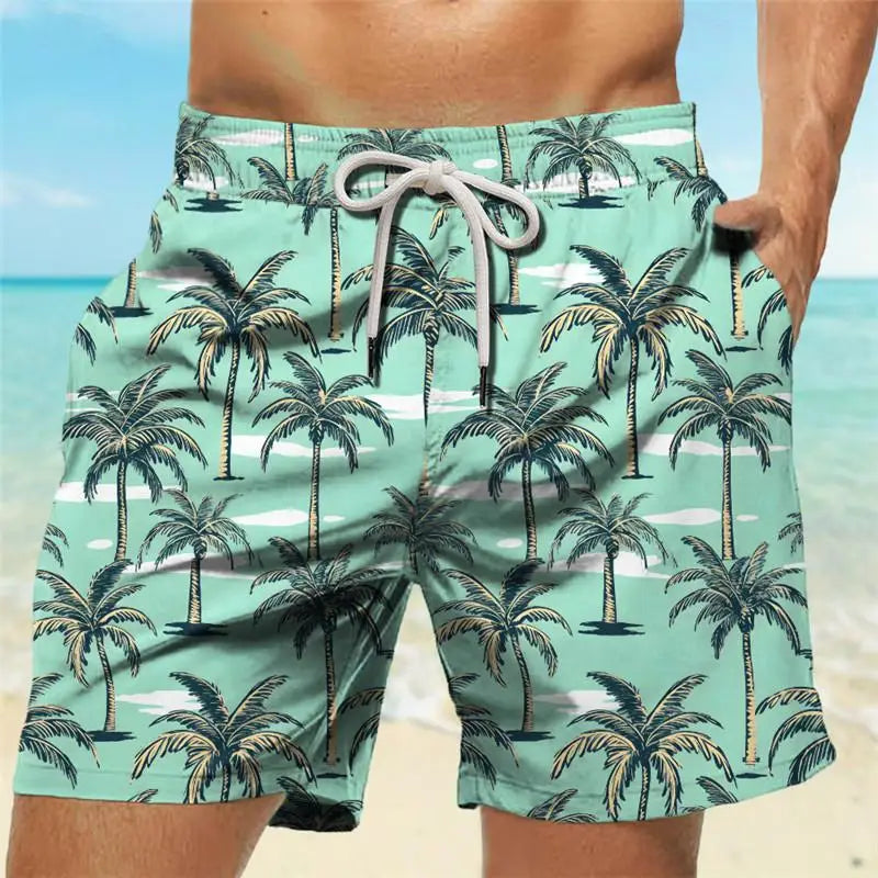 Men’s striped tropical print swim trunks in mint green with a repeating pattern of black and beige palm trees and white clouds, featuring a light gray drawstring.