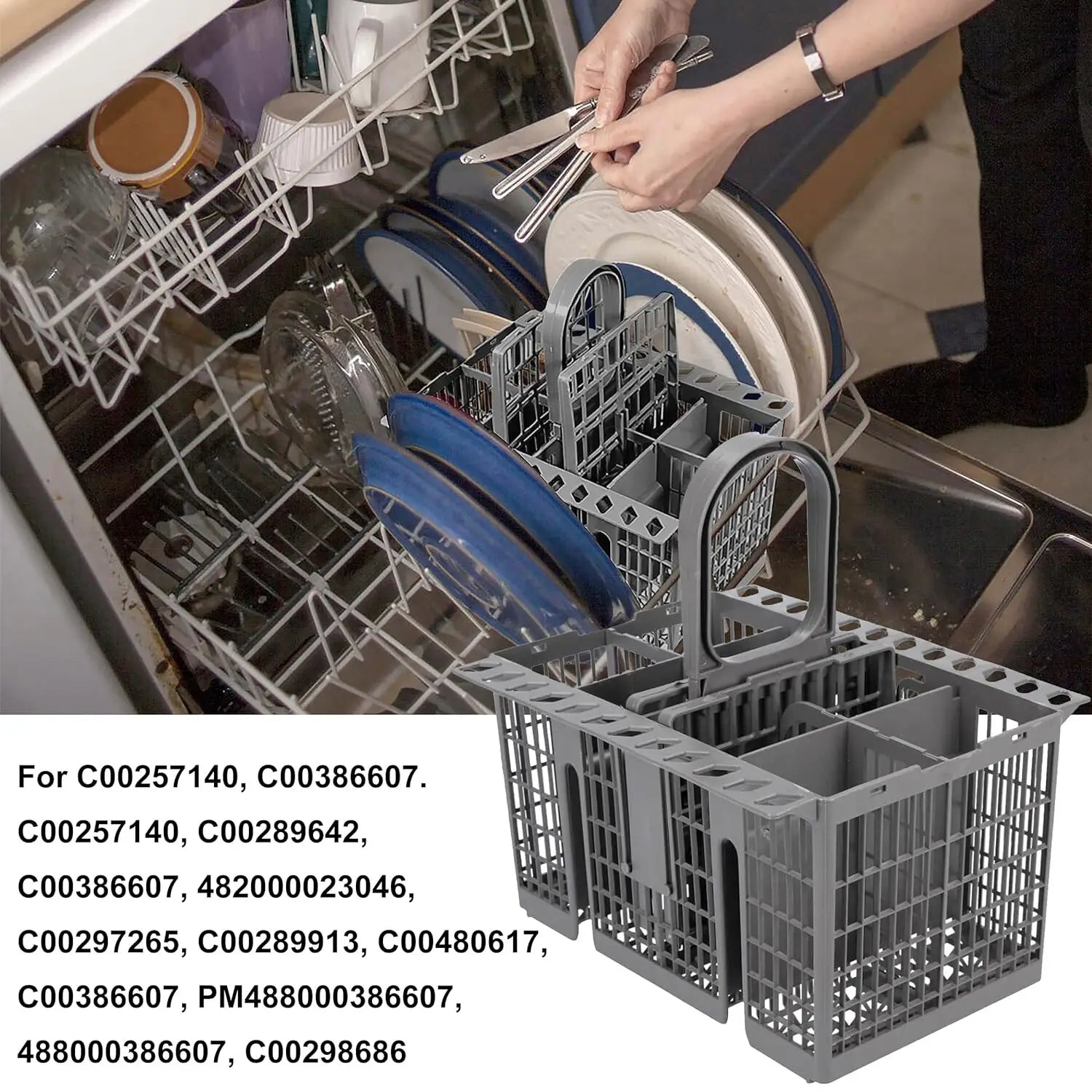Gray plastic dishwasher cutlery basket with handle and multiple compartments for organizing forks knives and spoons for Hotpoint Indesit dishwashers.
