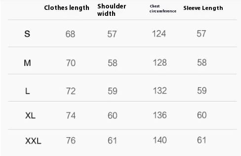 Size chart for a women’s faux leather bomber jacket relaxed fit coat showing measurements in centimeters for sizes S through XXL.