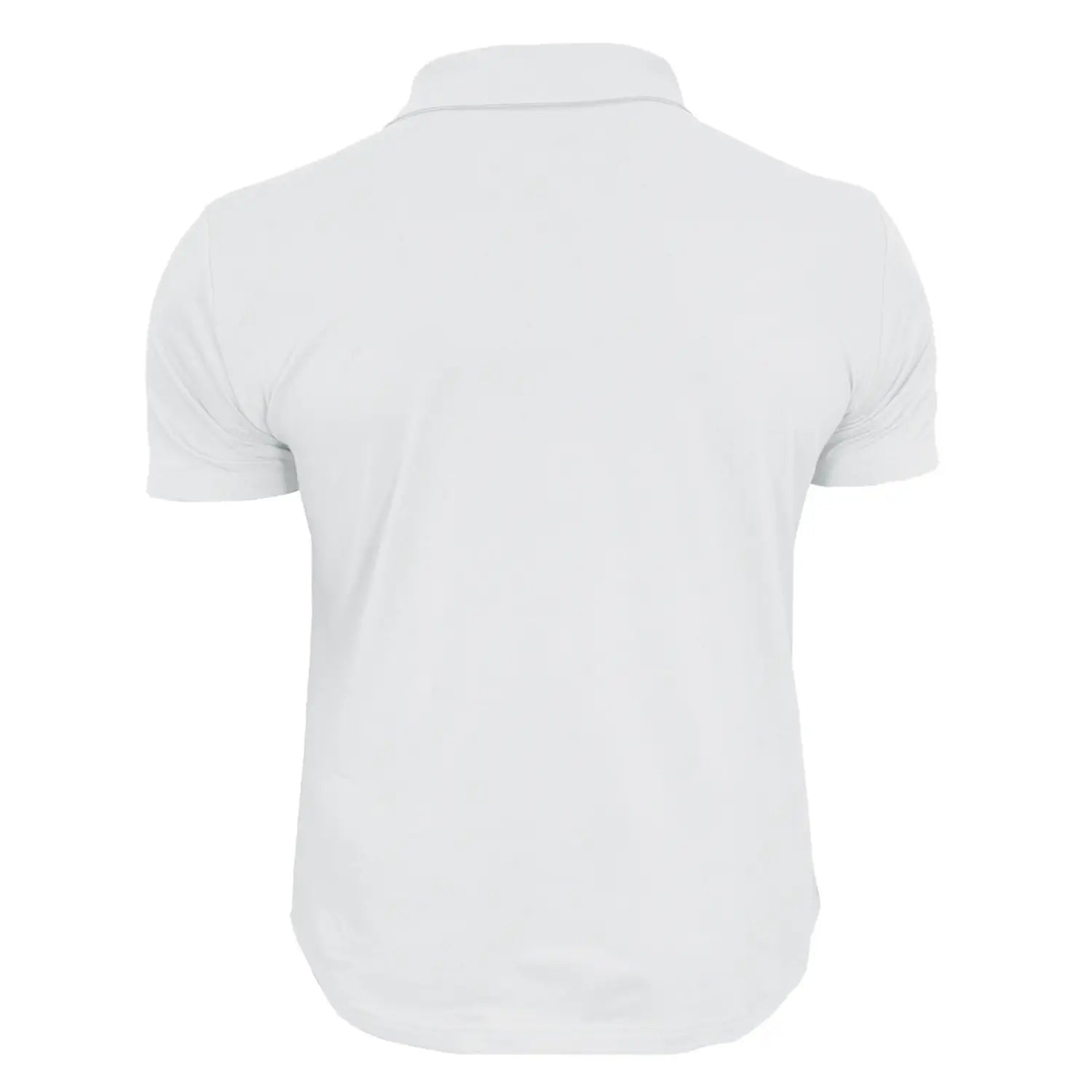 Men’s white short sleeve cotton blend polo shirt with dual pockets, a classic collar, and neatly stitched seams.