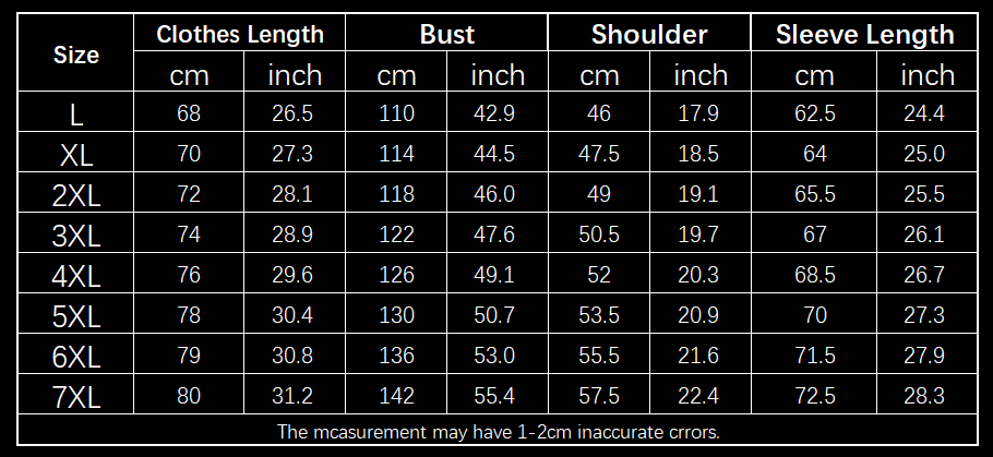 size chart for a men’s graphene quilted winter jacket with fleece lining showing measurements in centimeters and inches for sizes l to 7xl.