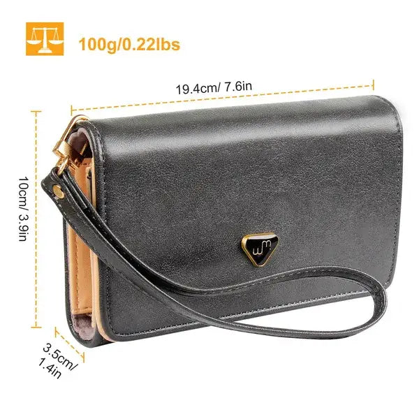 Black leather slim metallic pu leather wristlet wallet and card holder with gold-tone triangular logo and tan interior lining.