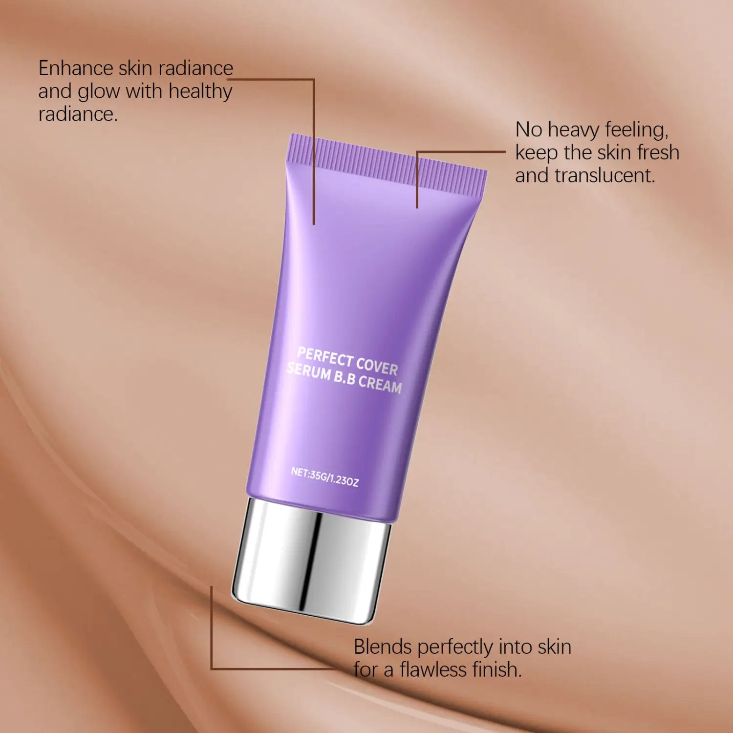 Purple tube of hydrating bb cream perfect cover serum foundation featuring perfect cover serum for a flawless finish