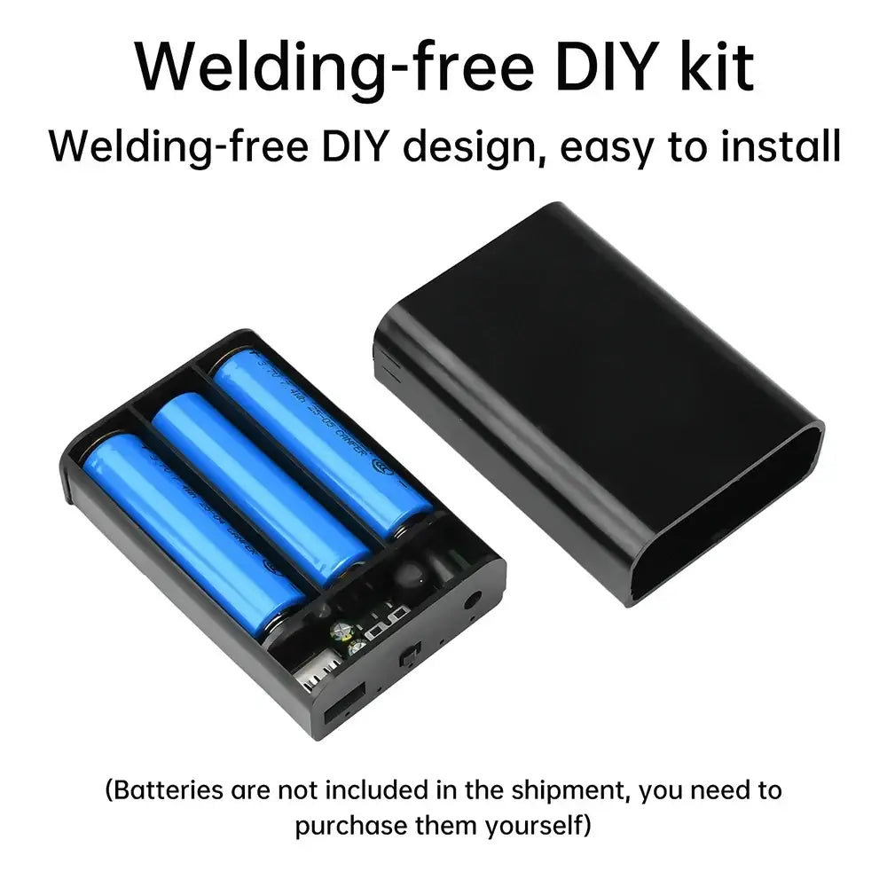 Black welding-free 18650 diy power bank box with three blue batteries and internal charging current feature