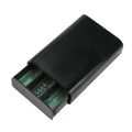 Black plastic 18650 diy power bank box holding two green aa batteries with internal charging current feature
