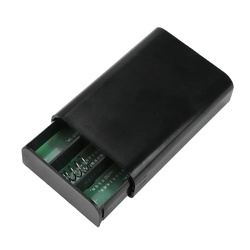 Black plastic 18650 diy power bank box holding two green aa batteries with internal charging current feature