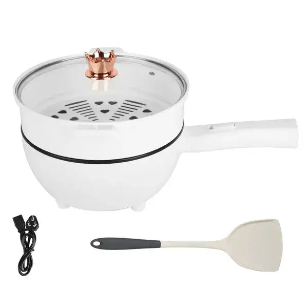 White electric hot pot 3l multi cooker with steamer 1000w featuring a clear glass lid with rose gold crown-shaped handle and black ventilation slits, accompanied by a spatula.