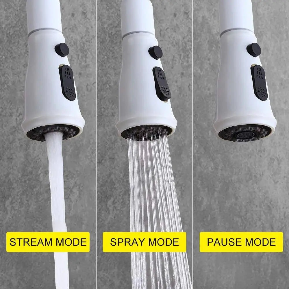 Robinet de cuisine blanc mat avec douchette escamotable et boutons de commande noirs, présenté dans trois modes d’écoulement de l’eau différents.