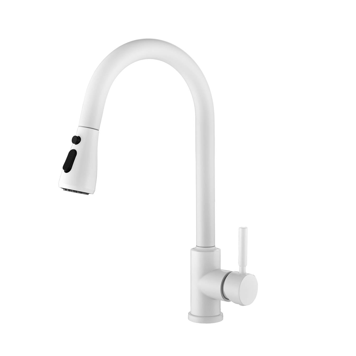 Robinet de cuisine blanc mat avec un bec courbé élégant et une tête de pulvérisation extractible noire, pour une utilisation moderne en cuisine.