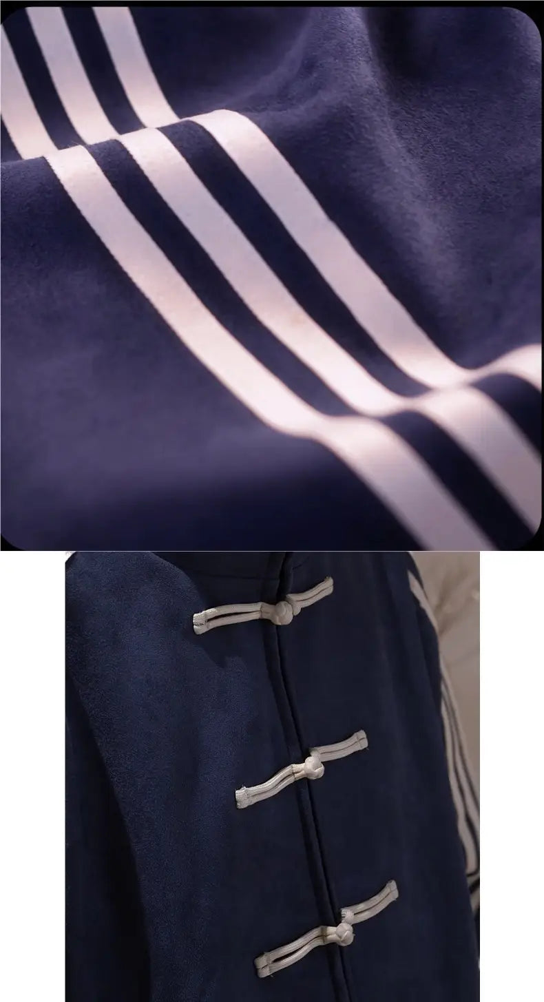 Navy blue fleece sport jacket with white three-stripe detailing and traditional Chinese-style toggle closures featuring a Tang style design.
