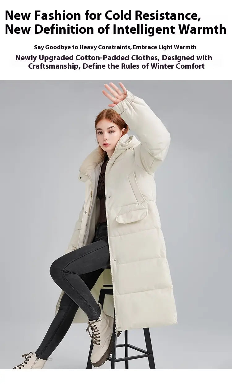 Manteau long matelassé à capuche pour femmes de couleur crème, au design matelassé et à la ouate en coton