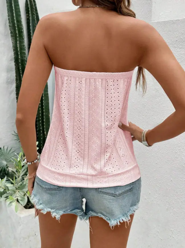 Rosa Spitzen- besticktes trägerloses Bandeau-Top mit figurbetontem Korsett-Design und feiner Ösenverzierung.