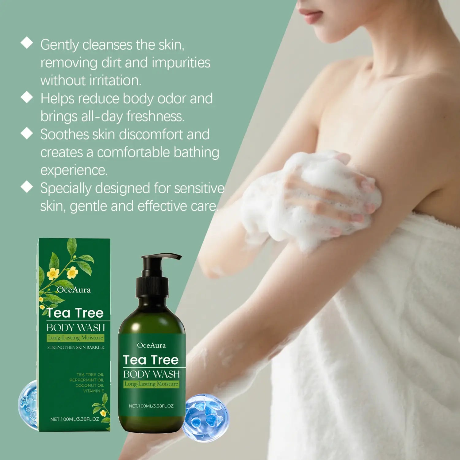 Green glass bottle of Oceaura tea tree body wash with black pump dispenser for moisturizing skin cleansing 100ml.