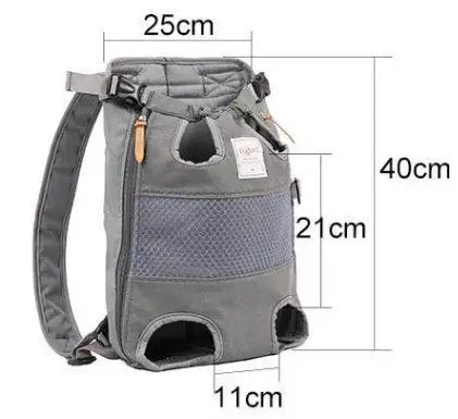 Gray dog carrier backpack with mesh panels and adjustable straps for breathable and comfortable pet transport.