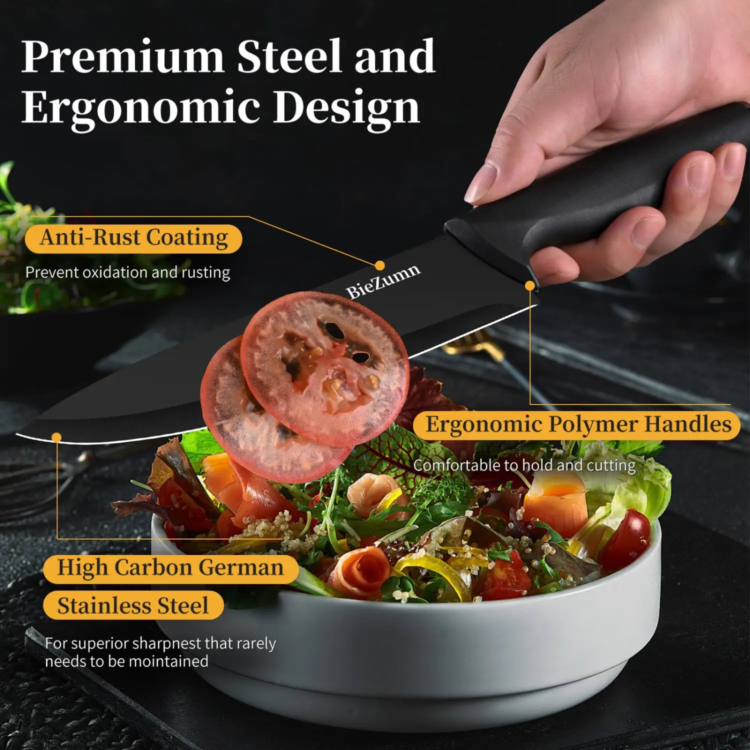 Black-handled stainless steel knife with a high carbon german stainless steel blade and ergonomic polymer handle from a 15 piece chef block set.