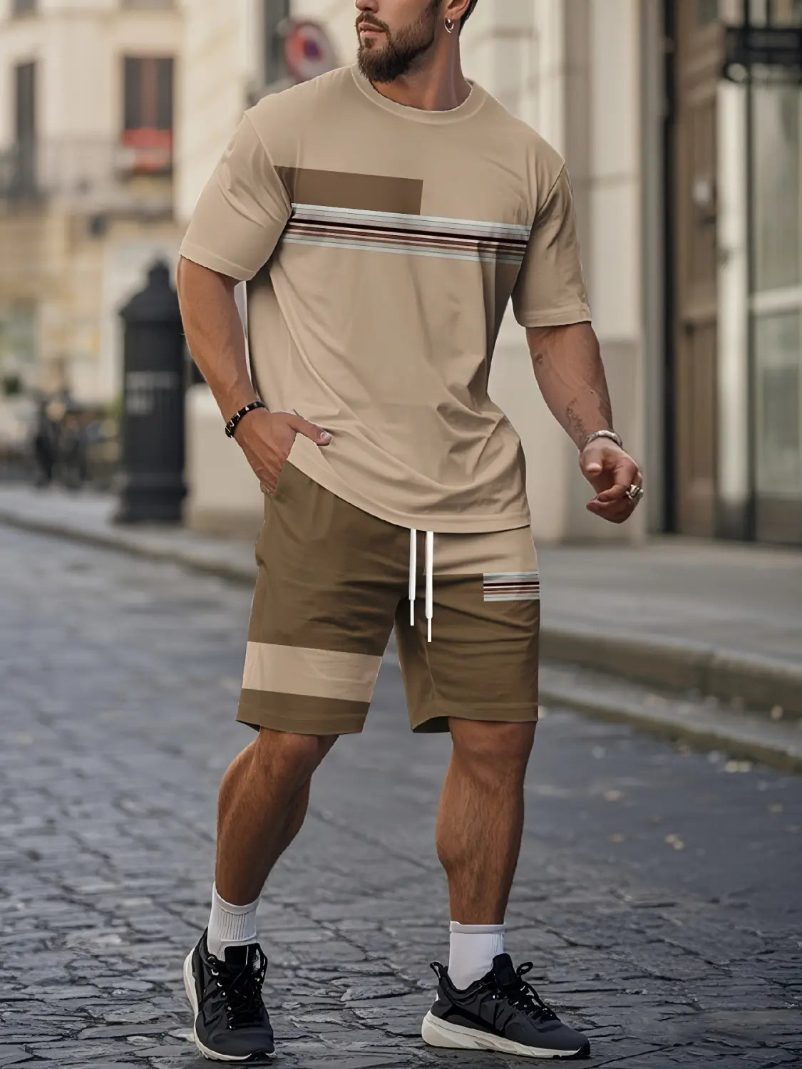Beige and brown striped men striped athletic shorts with white drawstrings designed for sports and casual wear.