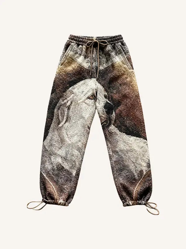 gestickte Kranich-Straight-Leg-Freizeithose aus Frottee mit detailliertem Graustufen-Druck von zwei Hunden in einer intimen Pose sowie Kordelzügen am Bund und an den Knöcheln