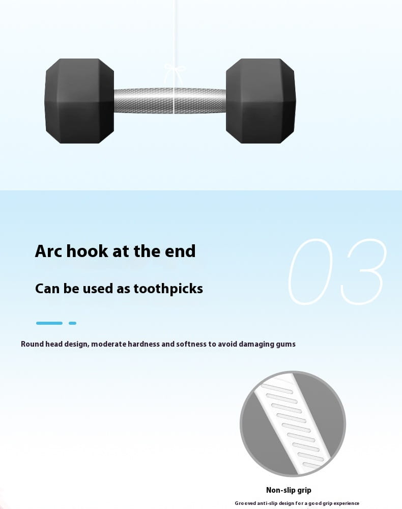 a black hexagonal dumbbell with a textured silver bar shown alongside dental floss picks in 100 count individual packets.