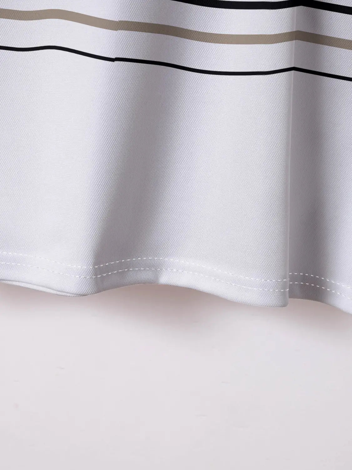 White fabric geometric striped men summer polo shirt featuring black and beige horizontal stripes and a neat hemline.