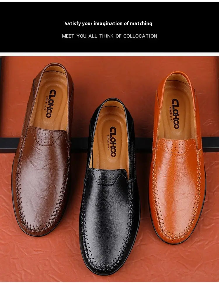 Drei Glohco-Slipper aus braunem, schwarzem und hellem Rindsleder mit genähter Verzierung für den Business-Casual-Look von Herren.