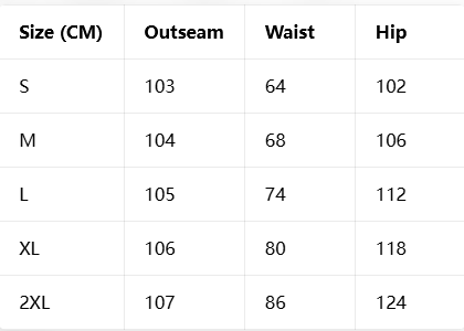 The image displays a size chart in centimeters for smocked wide leg pants for women in solid color with a high waist, listing measurements across sizes S through 2XL.