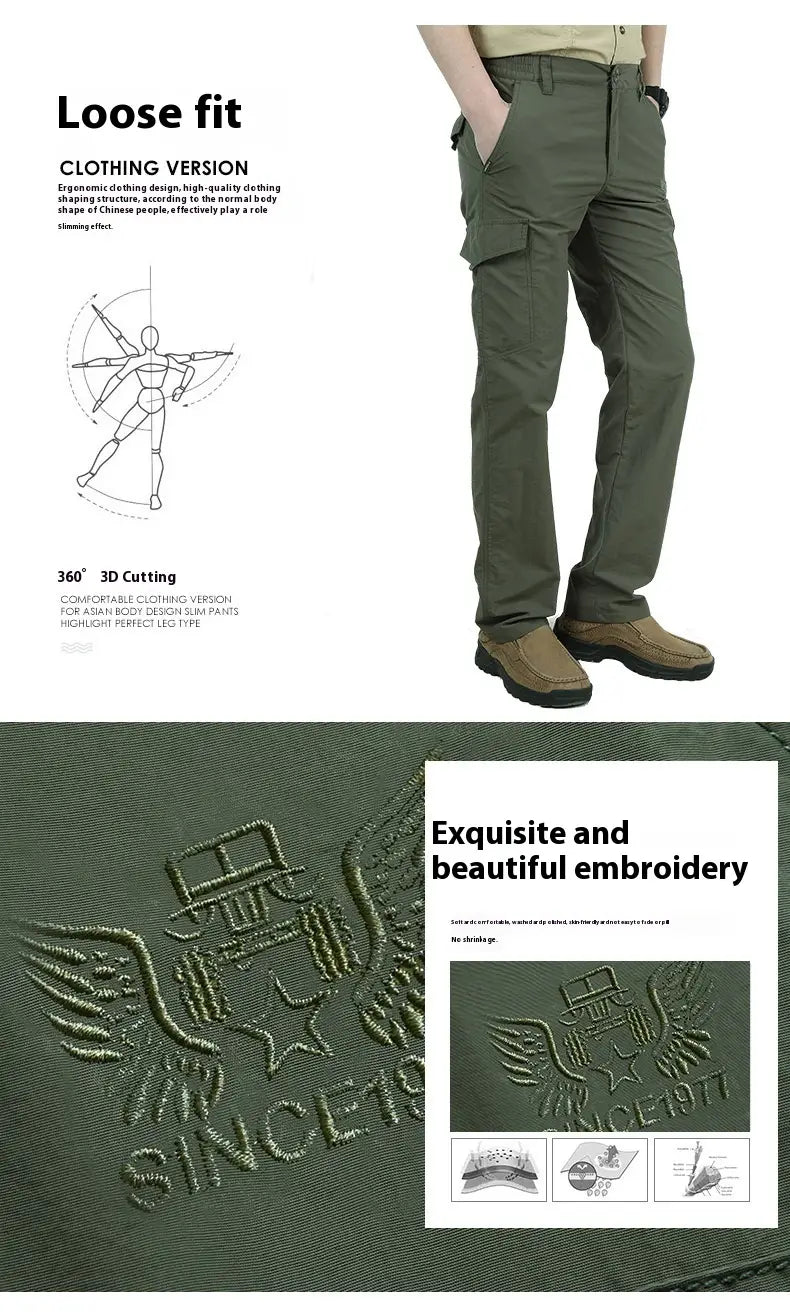 plus size loose olive green cargo pants made of durable tactical fabric featuring detailed eagle embroidery on the thigh