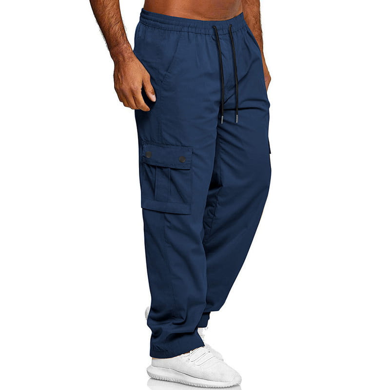 Navy blue mens straight leg cargo work pants with a drawstring waistband and multiple functional pockets.
