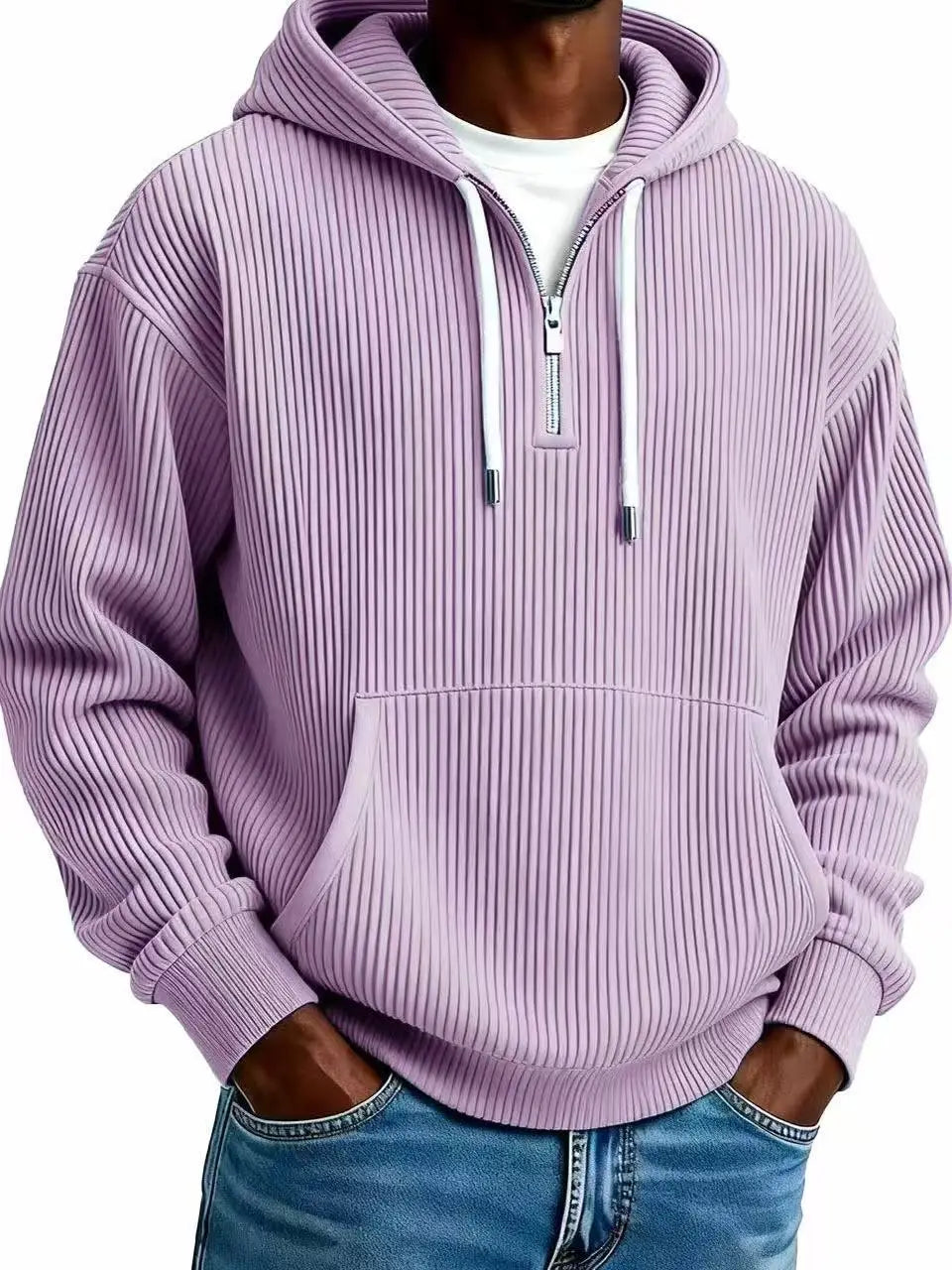 Men’s ribbed corduroy half zip pullover hoodie in lavender cotton with white zipper and drawstrings.