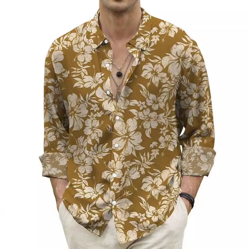 Camisa abotonada para hombre de manga larga y corte ajustado en color amarillo mostaza, con un estampado floral blanco en toda la prenda, con hojas y flores detalladas.