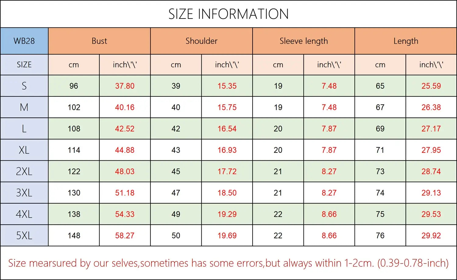 Size information chart for abstract print V-neck stretch satin blouse displaying measurements in cm and inches across sizes S to 5XL.