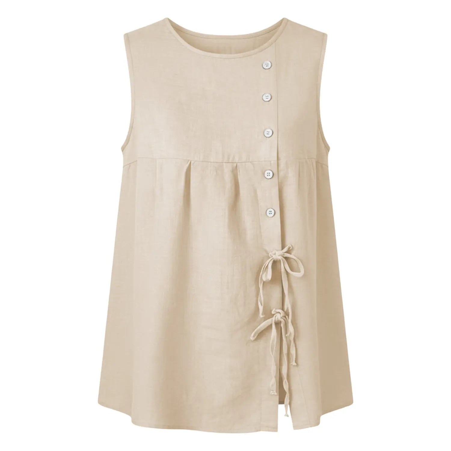 Beige sleeveless tie side button down blouse featuring button closure and tie details made from lightweight fabric.