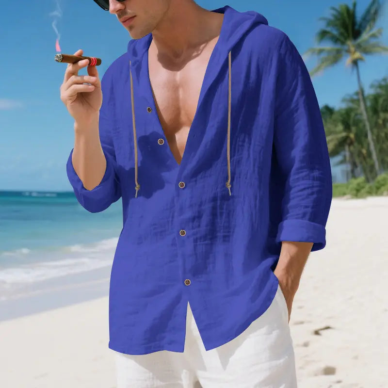 Men linen hooded cardigan shirt in vibrant royal blue featuring a button-front closure and drawstring hood made from breathable linen fabric.